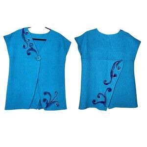 Hand Made Felted Wool Vest M/L Blue Swirl Button Asymmetrical Lagenlook Art Boho